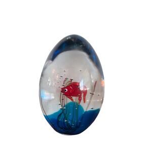 Vintage Oggetti Italy Art Glass Paperweight Fish Aquarium Signed Blue Bubble